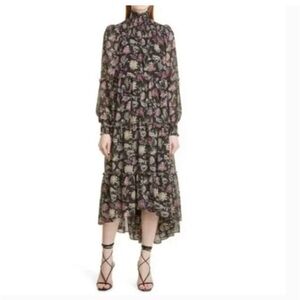 Cinq a Sept Rika Floral High-Neck Long Sleeve Tiered Midi Dress - Black pink